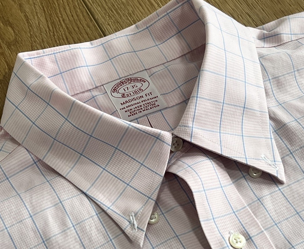 Men’s Brooks Brothers Madison Fit Dress Shirt 17 x 35 Pink With Blue Windowpane
