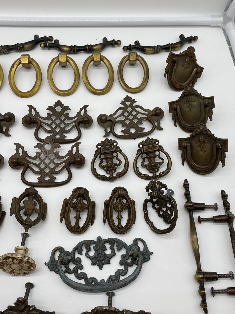 Vintage Lot of over 50 Assorted Brass Drawer Handles Pulls Knobs Plates Misc