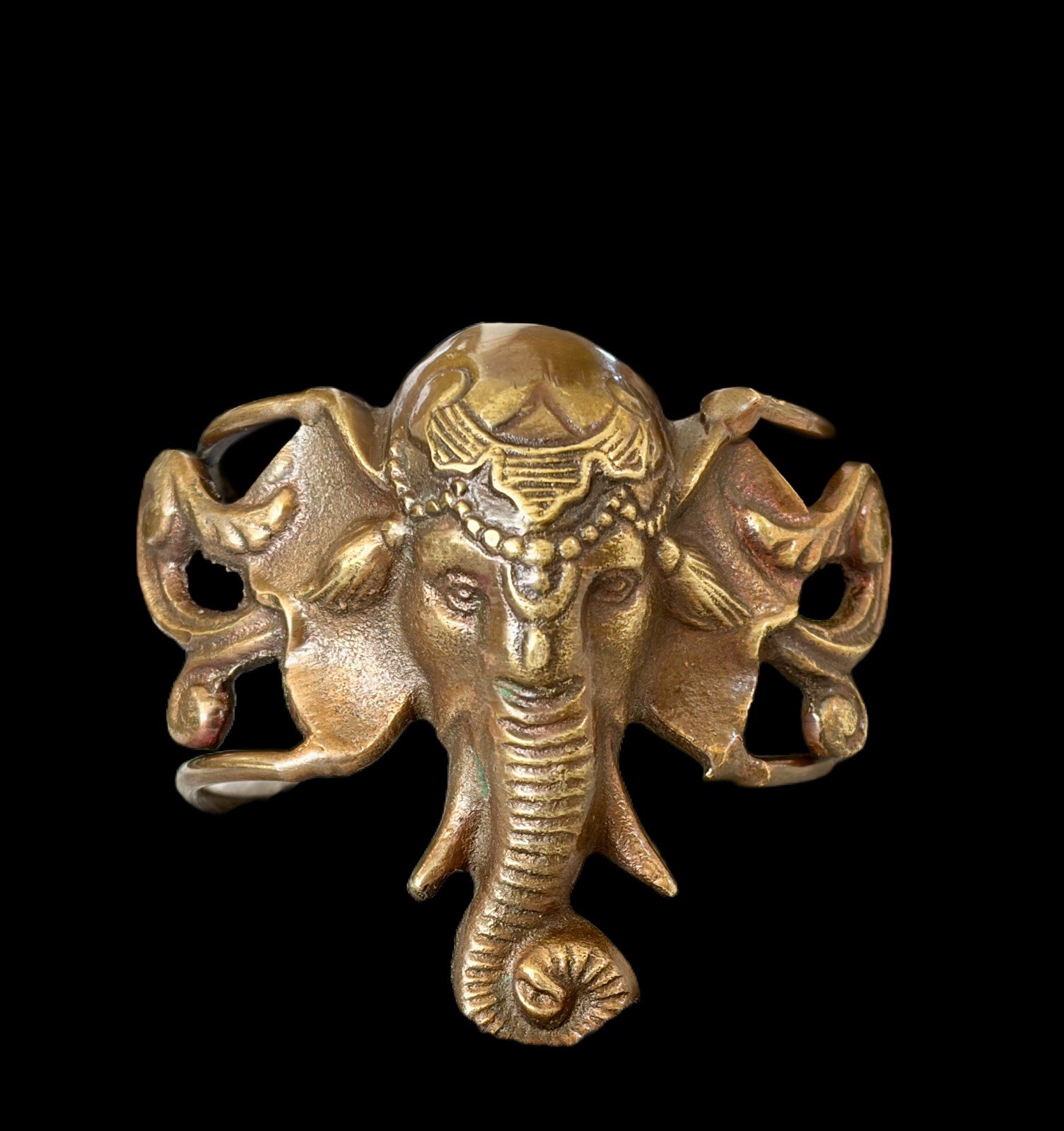 Large Figural Vintage Brass Elephant Head Cuff Bracelet~Boho 1970s
