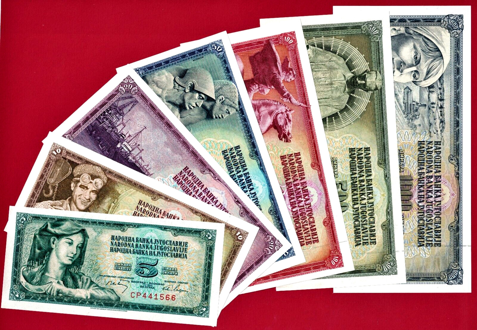 Yugoslavia 1965-1981 Set of Seven UNC Banknotes 5;10;20;50;100;500;1000 Dinara