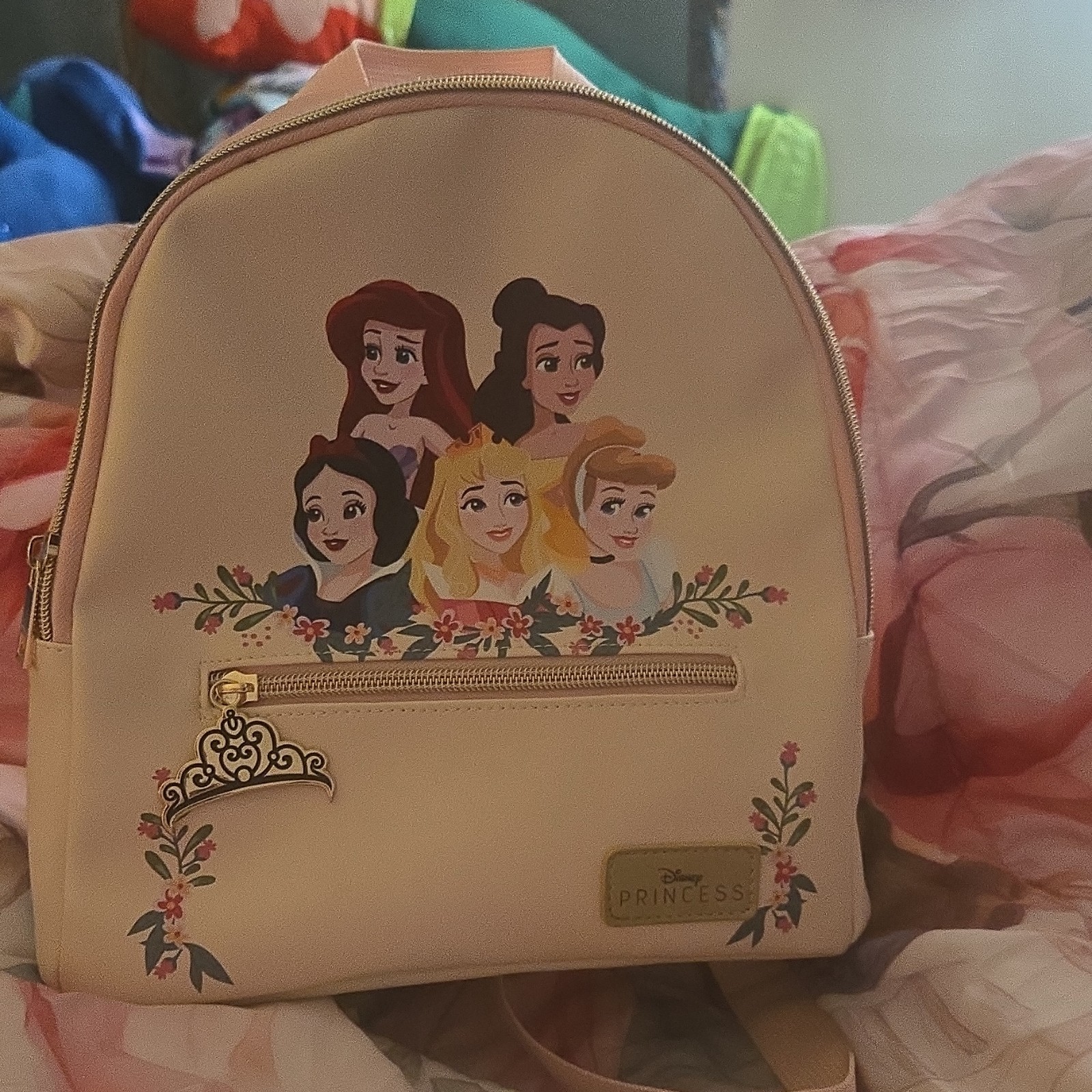 Disney Princess Medium Backpack Beige Pink Floral Castle Design
