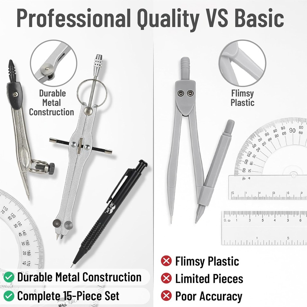 Nicpro 15 PCS Compass Geometry Tools with Case, Drafting Tools Geometry Set with