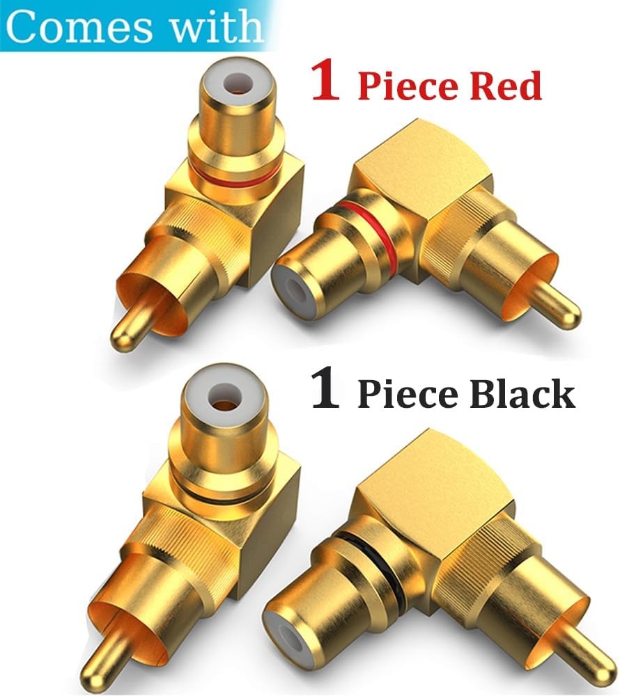2-Pack RCA Right Angle Adapter 90 Degree Male to 2-PACK, Gold Plated