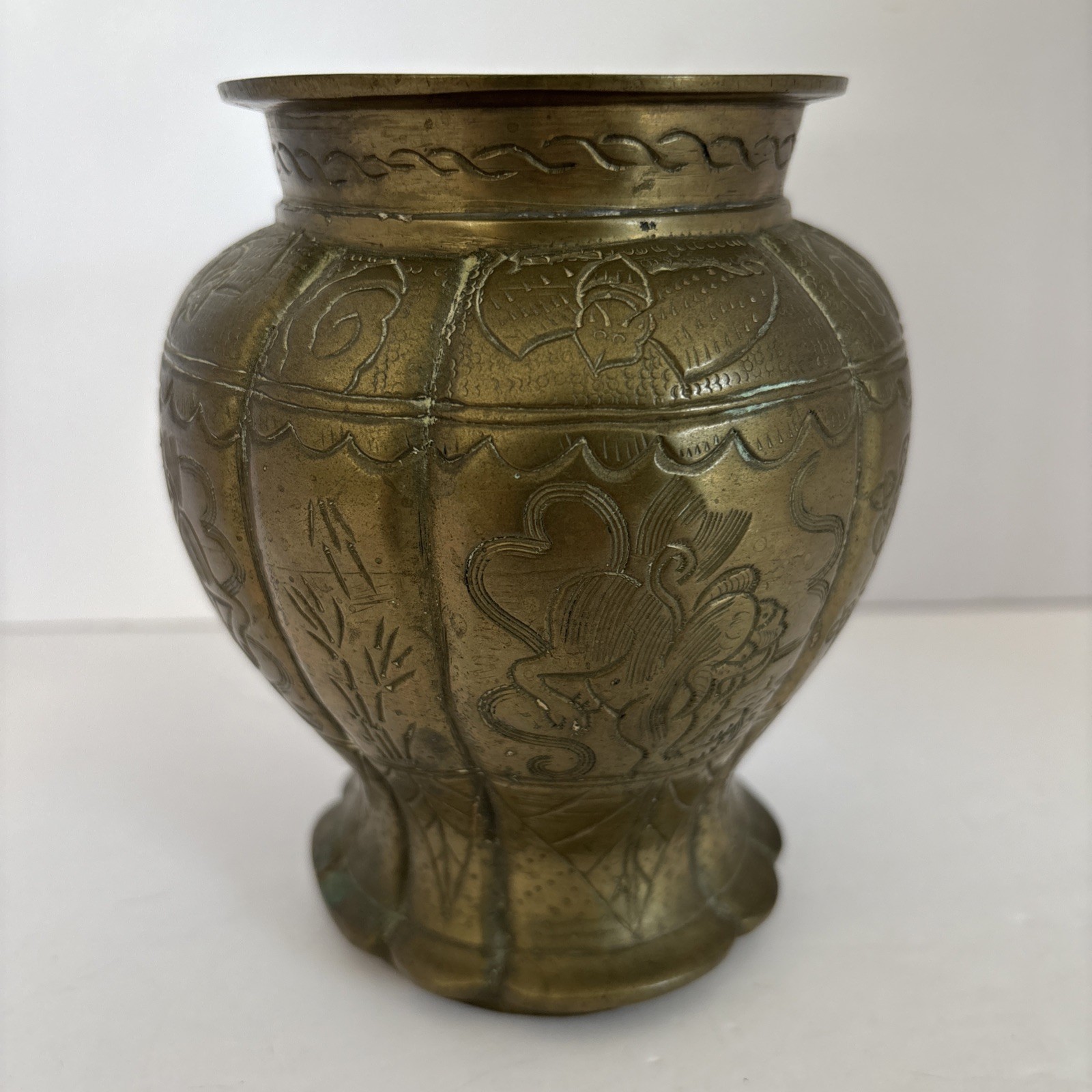 Vintage Heavy Chinese Etched Brass Vase 5.5” Tall Dragon or Lion