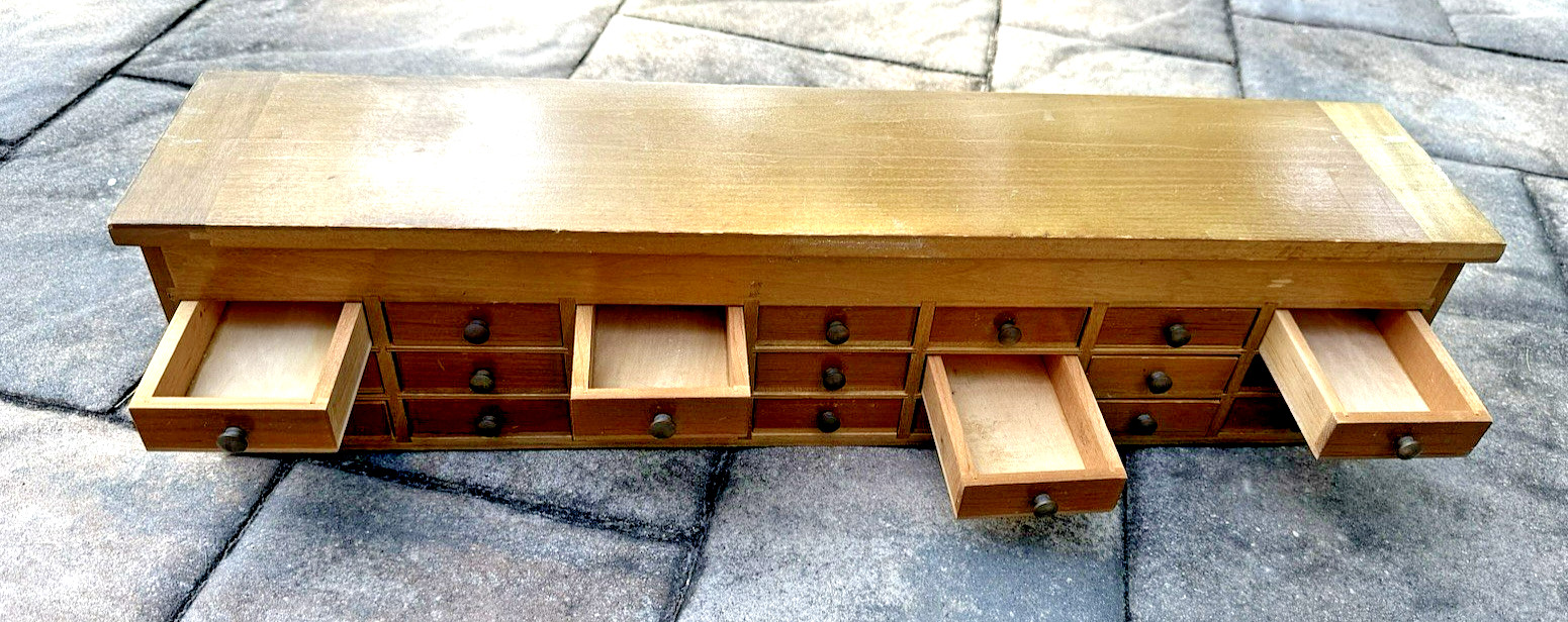 Antique MAPLE? 21 DRAWER WATCHMAKER'S CABINET CHEST CASE BOX W/ VIALS/ BOTTLES