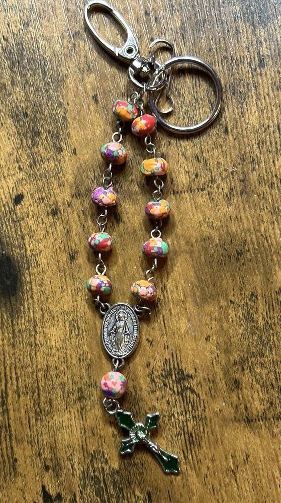 Handmade Catholic Rosary Keychain Purse Charm - Multicolor Turkey Turquoise