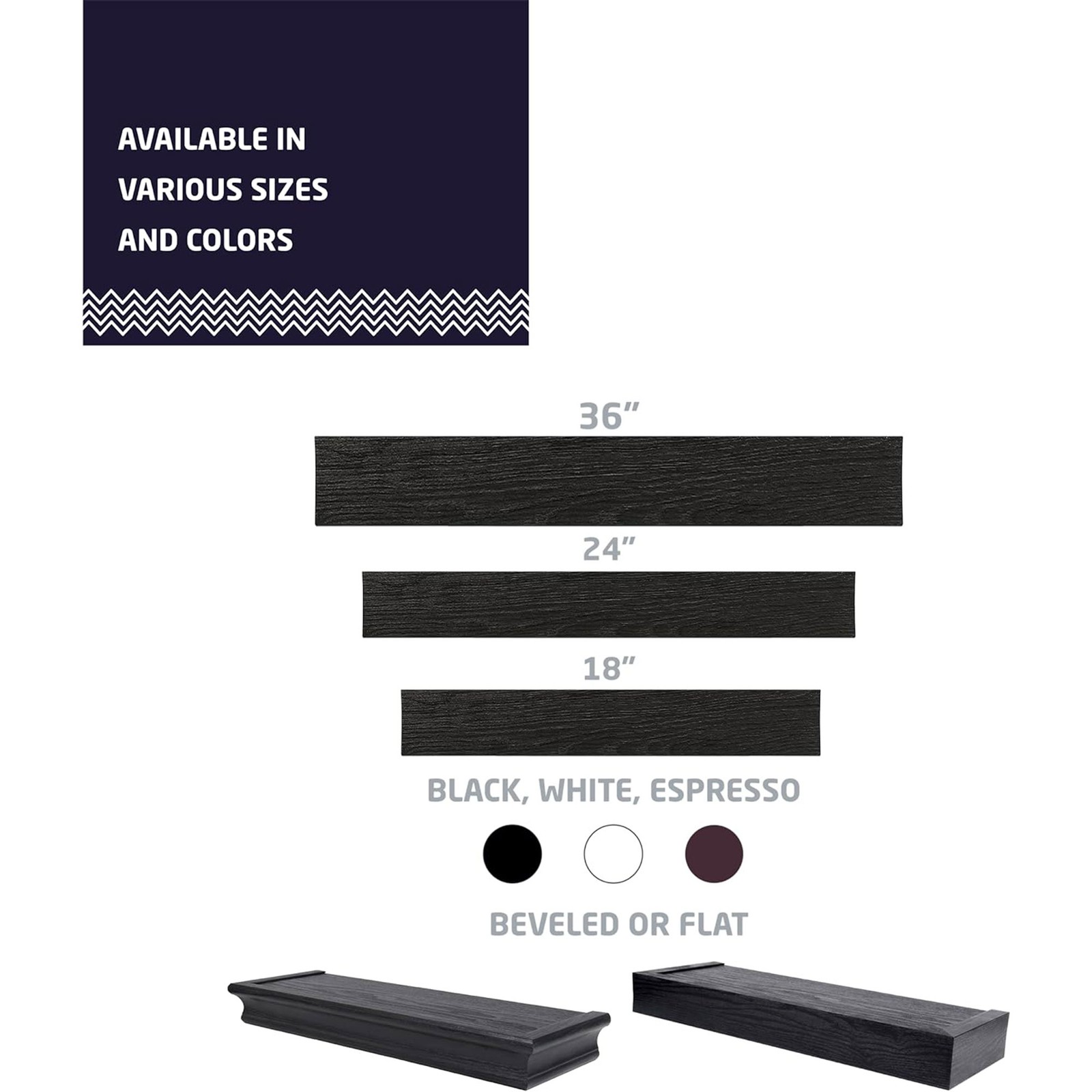 High & Mighty 18 Inch Modern Floating Shelf Holds Up To 15 lbs, Black (2 Pack)