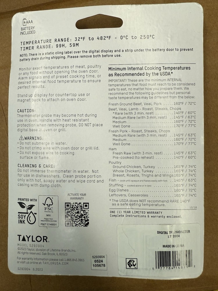 Taylor Digital Wired Probe Meat Thermometer w/Timer Programmable New in Package