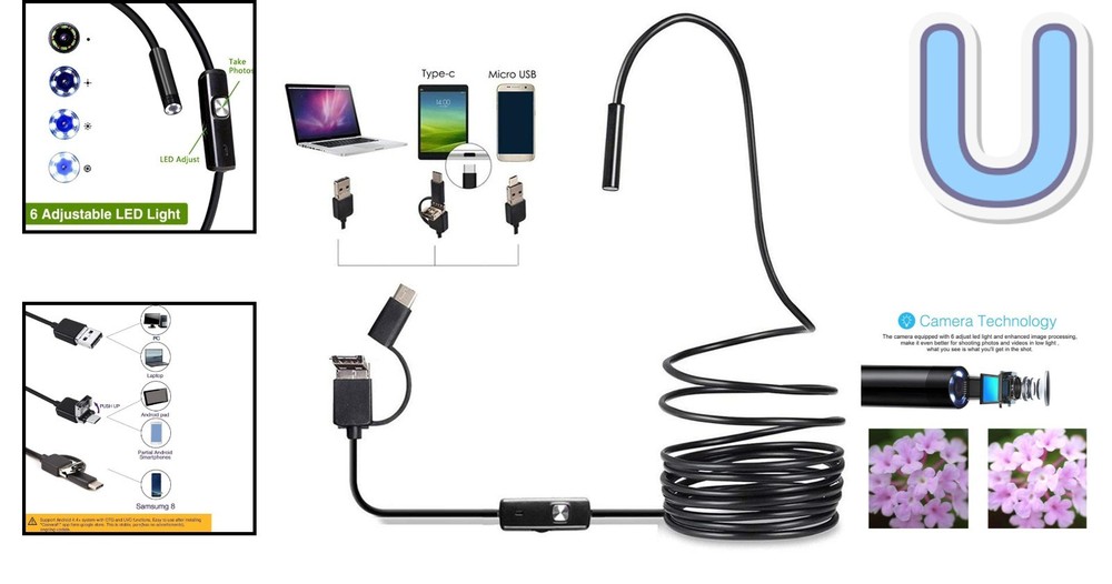 Multi-Purpose Inspection Camera with 6 LED Lights for Android & PC - Rated