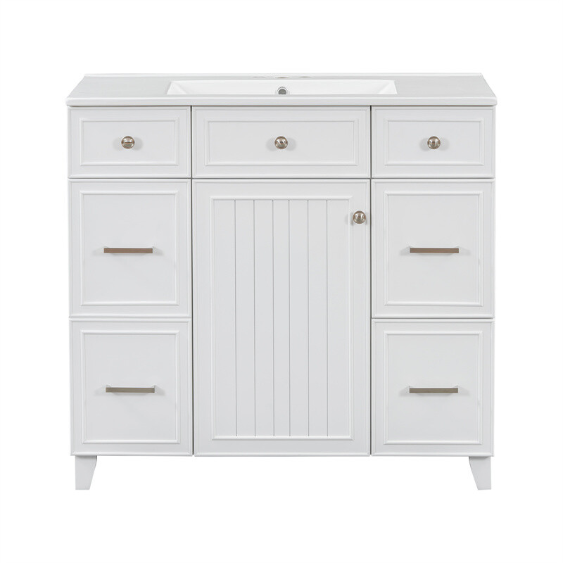 36" White Bathroom Vanity Set,Solid Wood Frame w/Ceramic Sink &Versatile Storage