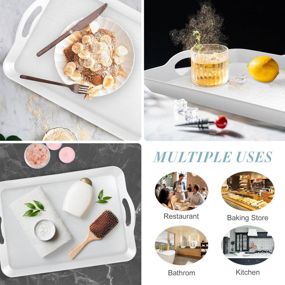 White Serving Trays with Handles 2 PCS 16x11.2 Inch Rectangular Plastic