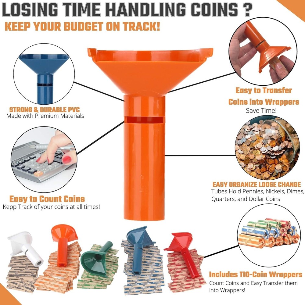 Effortless Coin Sorting Set: 5 Tubes & 110 Color-Coded Coin Wrapper Rolls