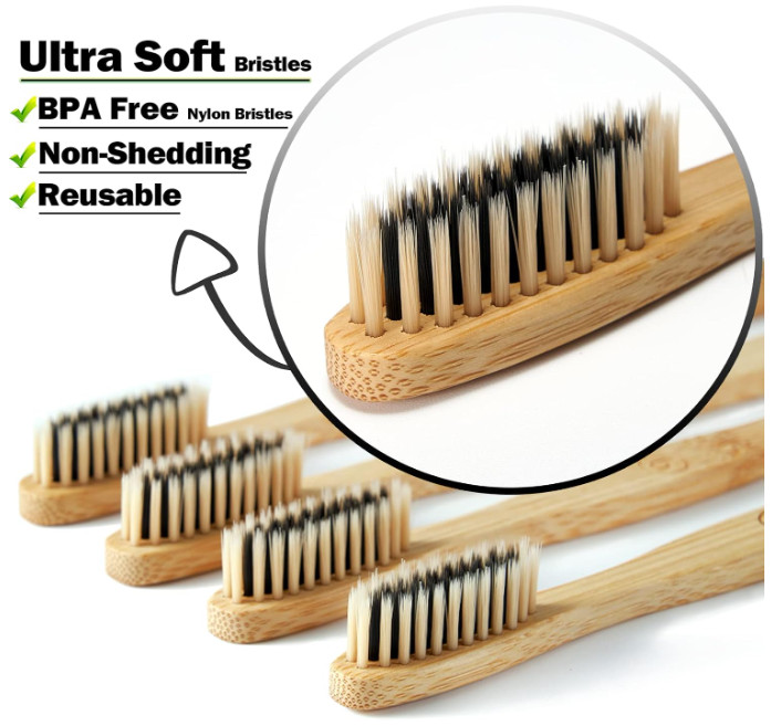 Bamboo Toothbrushes 10 Pack Biodegradable Soft Medium Charcoal Bristles