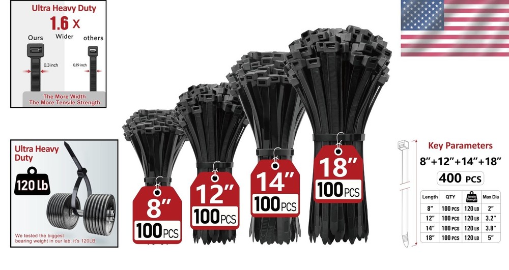 Multi-Purpose Zip Ties Assorted Sizes - 400 Count with Self-Locking Design