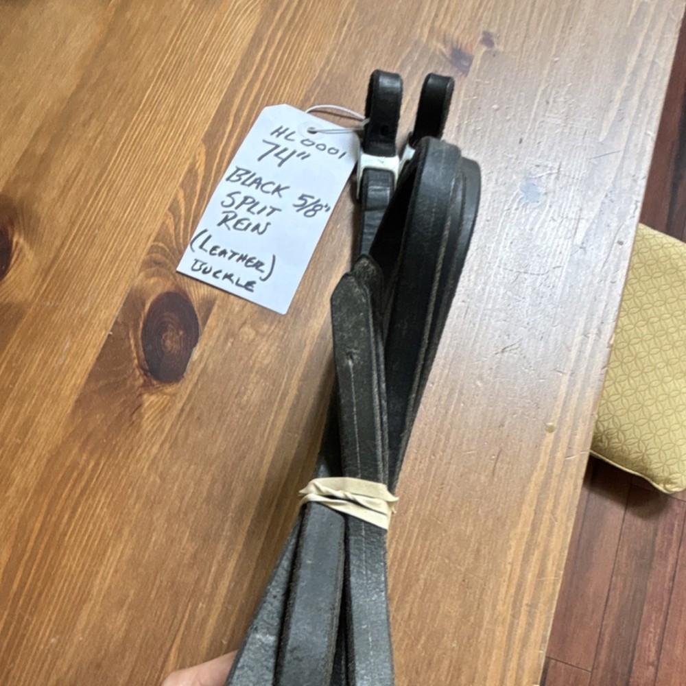 Black Leather Split Reins 74" Length 5/8" Width, Buckle ends