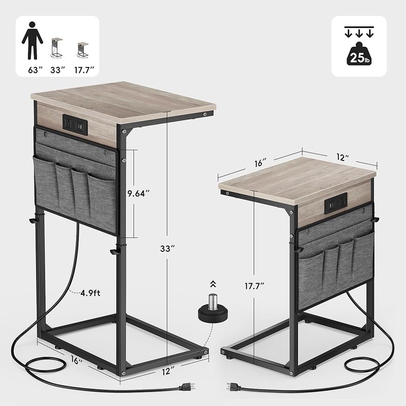 Height Adjustable C Shaped Side Table W/ USB Charging Station Storage Bag Couch