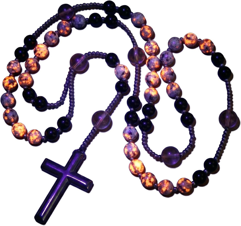 Yooperlite Stone Rosary Necklace UV Glow Hematite Beads Obsidian Cross Gift