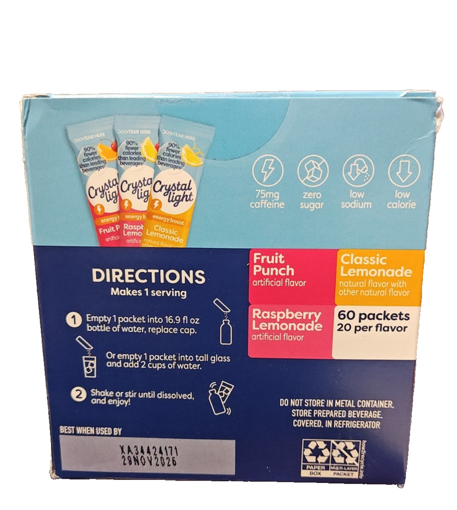 60 PK Crystal Light Variety Pack Fruit Punch Raspberry Lemonade Classic Lemonade