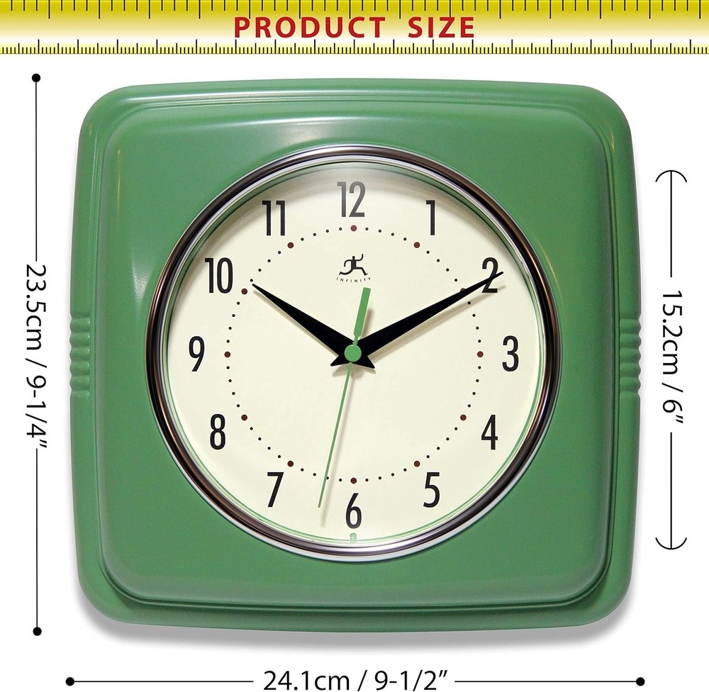 Square Silent Retro Wall Clock 9-Inch Mid Century Modern Kitchen Clock with ...