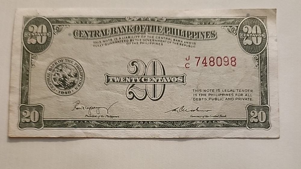 1949 Philippines 20 Centavos Bank Note--Circulated