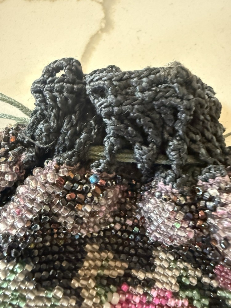 Antique Beaded Crochet Drawstring Purse~