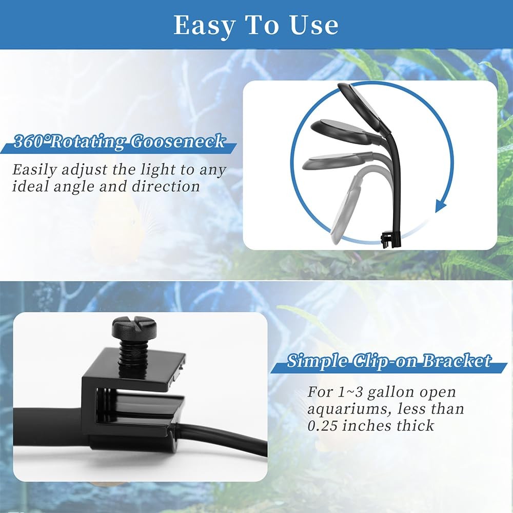 DaToo Mini Clip On Aquarium Light 7W Dimmable With Dimmer, Black