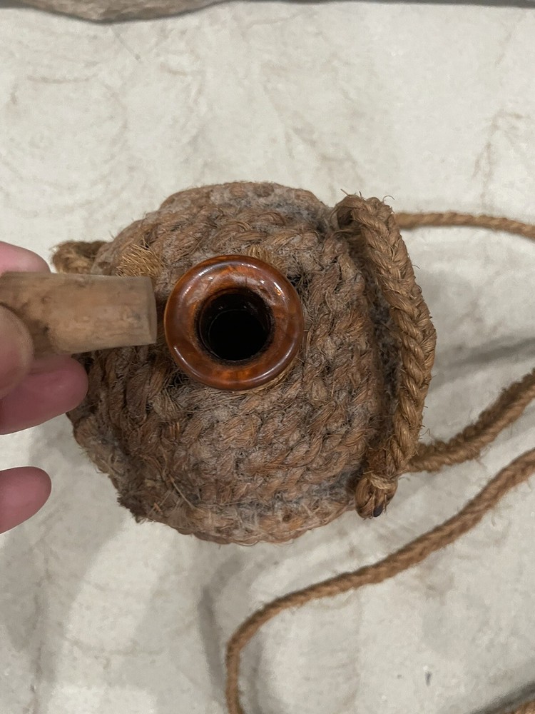 VINTAGE WRAPPED EMPTY WINE amber GLASS BOTTLE String cork