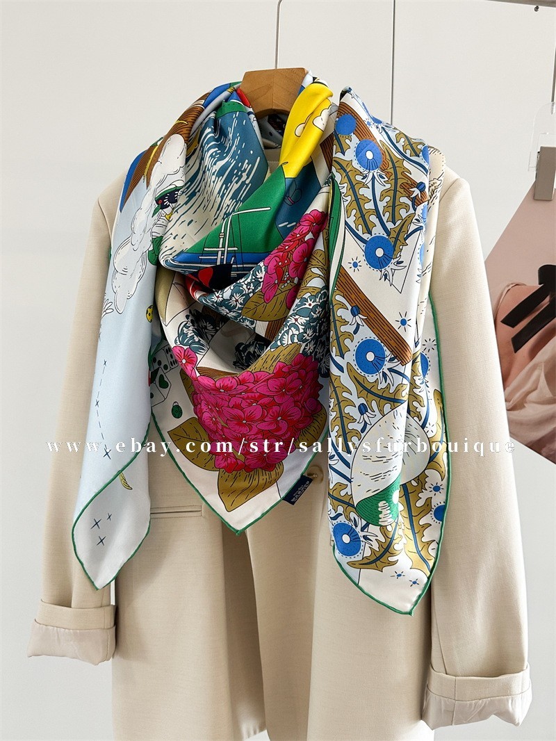 Sallys 100% Twill Silk Large Wrap Scarf Stole Boats Print Square Shawl 135cm