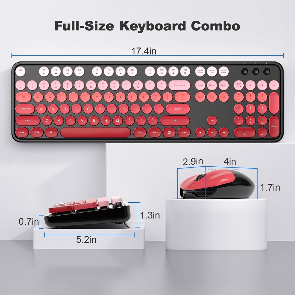 Wireless Keyboard Mouse Combo 2.4GHz Retro Typewriter Black Red Gradient