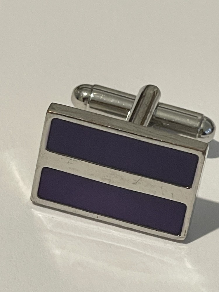 Men’s Cufflinks Silver-tone Purple Lined Front, Rectangular Bullet Back