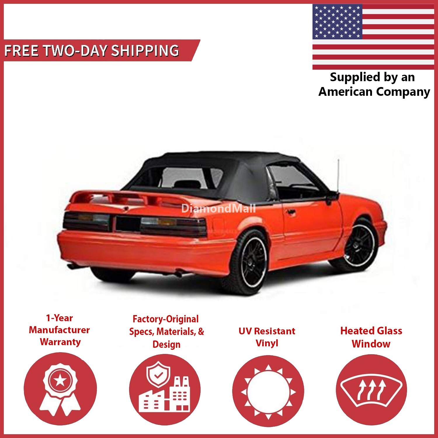 1983-90 Ford Mustang Convertible Soft Top w/ DOT Approved Glass Window, Black