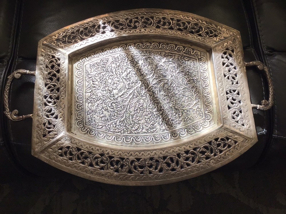 Large Silver Plate India Kutch Tray ~Footed~ Beautiful Detail  23 1/2” w/Handles