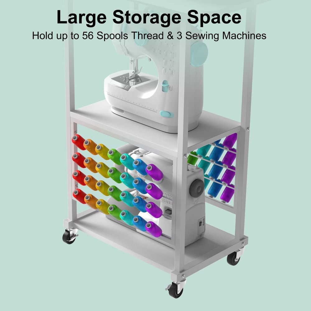Rolling Craft Table with 56 Spools Thread Holder, 3 Storage Shelves, Portable...