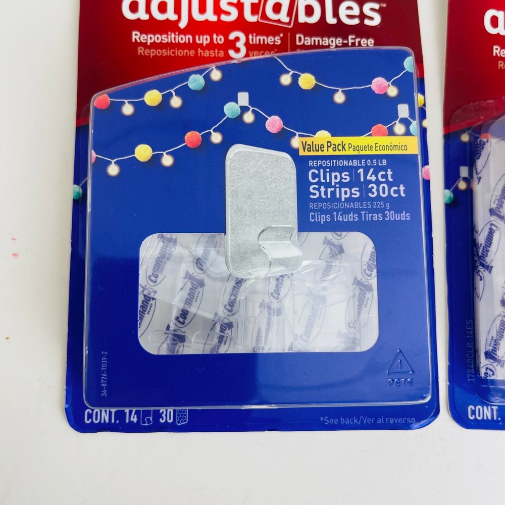 2X Command Repositionable (14-Clips & 30-Strips Each) Adjustable, Reposition 3x