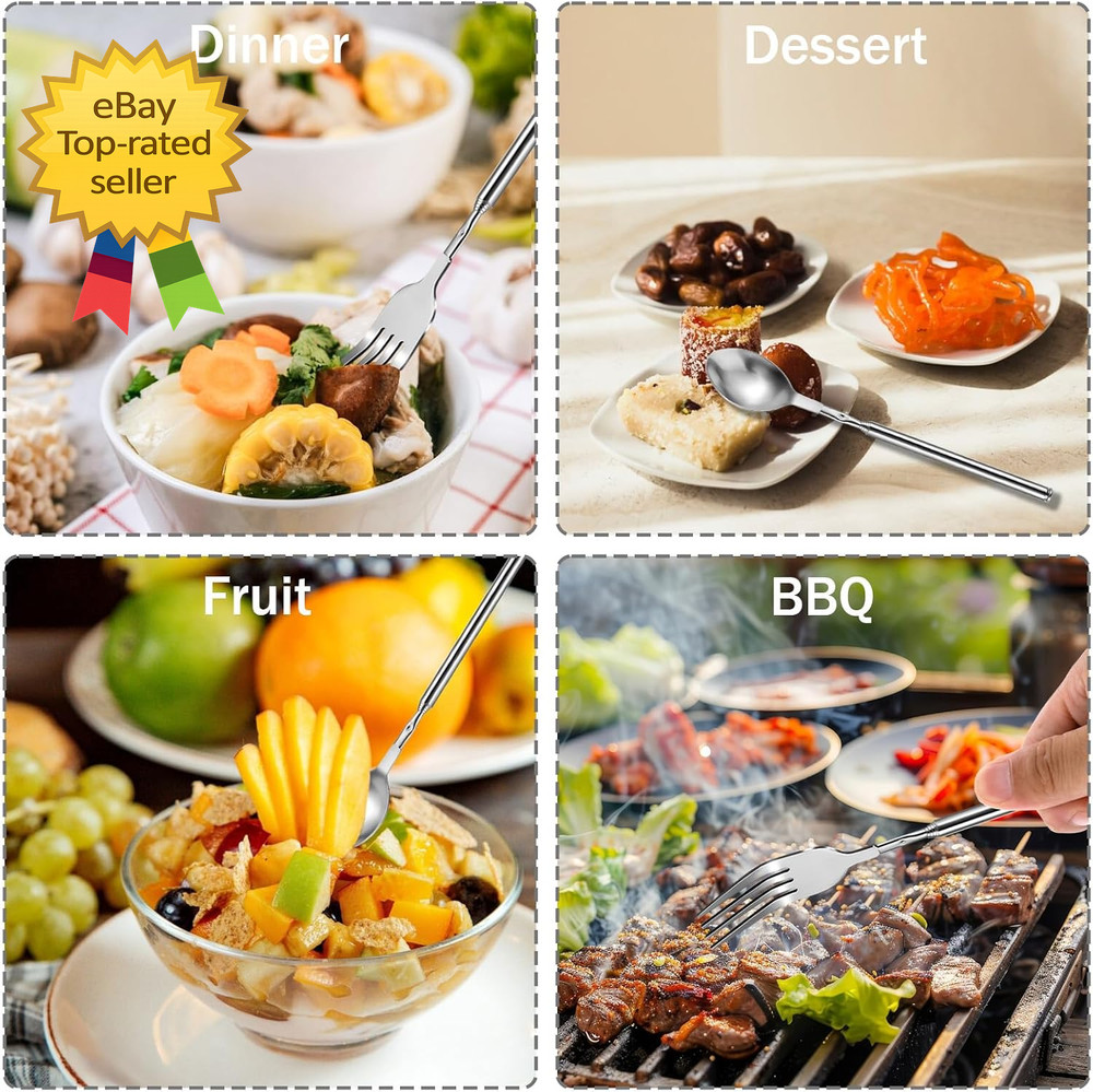 2 Pcs Extendable Fork and Spoon Set Adjustable Telescopic StainlessSteel BBQTool