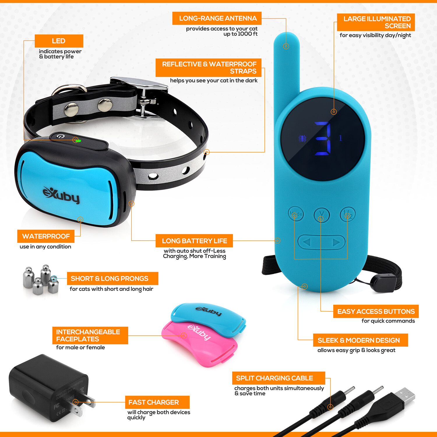 eXuby - Cat Shock Collar w/Remote - Sound, Vibrate & Shock Mode - Teal Remote