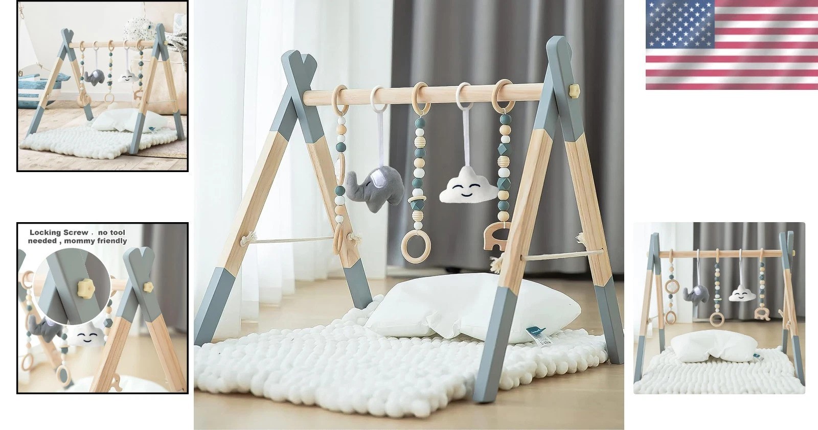 Natural Wooden Baby Play Gym: Foldable Activity Frame with 5 Stimulating Toys
