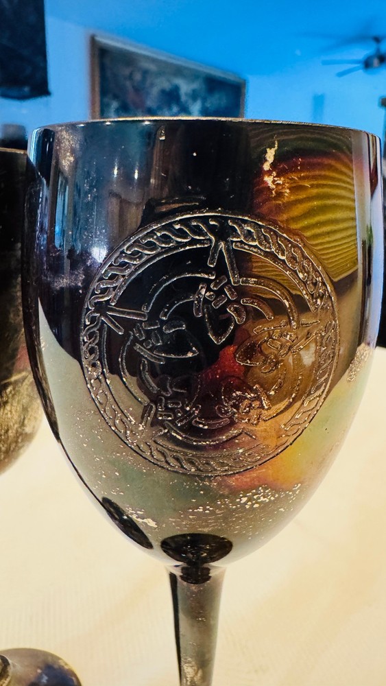 (2) Decorative Celtic Cross & Star Wine Goblet Pair 8" Made in India