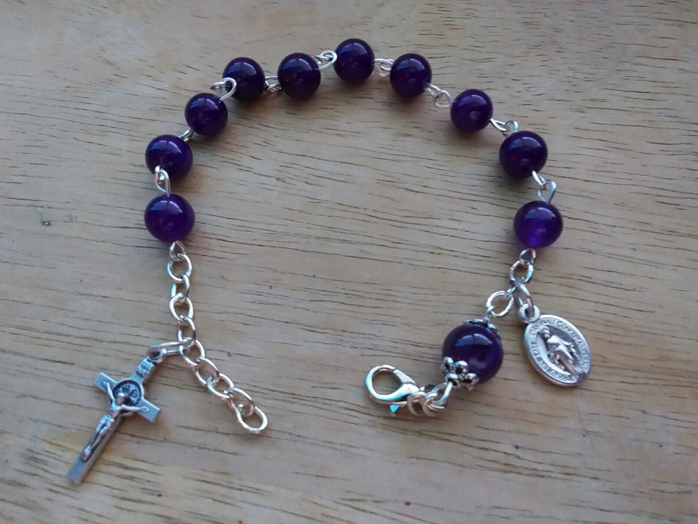 Purple Amethyst Gemstone Rosary Bracelet 8mm Miraculous medal Benedict crucifix