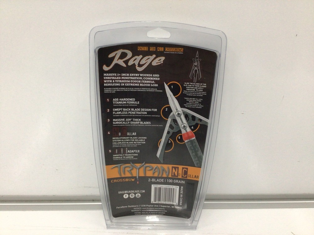 Rage Hypodermic 100 Grain Trypan No Collar Crossbow Broadhead 3-Pack