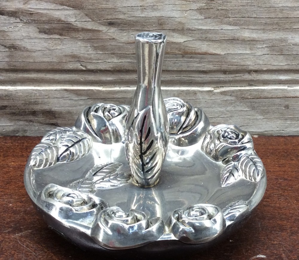 Godinger Ring Holder Dish Silver Plated Vintage Rose Design 3.5"
