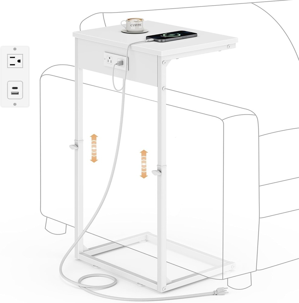 C Shaped End Table W/ Charging Station Adjustable Height Side Table Couch Small