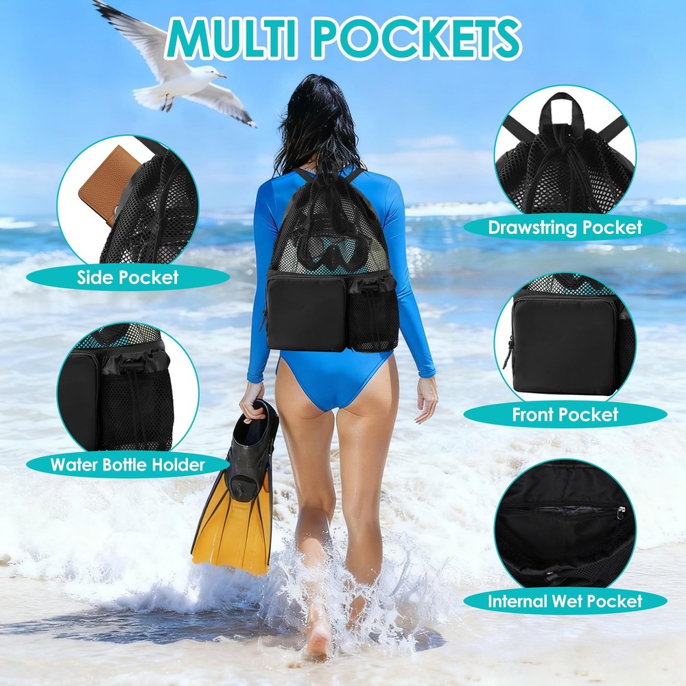 Large Capacity Mesh Swim Backpack Pocket Drawstring Waterproof Beach