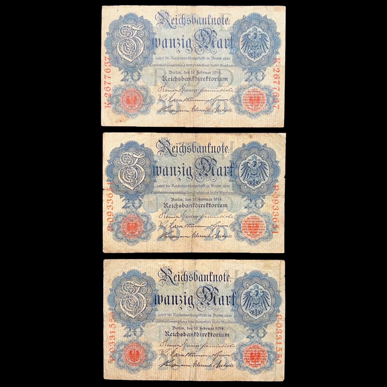3x 1914 German 20 Mark Banknote World War One Currency Fascism Hyperinflation