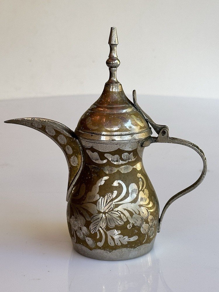 Antique Middle Eastern Turkish Coffee/Tea Dallah Server- brass and silver plate