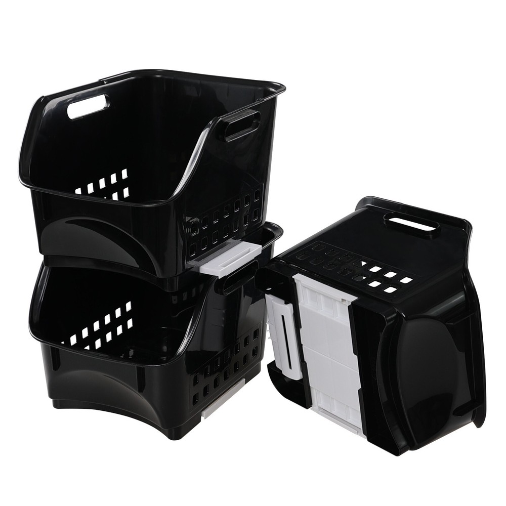 Cand 3-Pack Black Plastic Stacking Organizer Basket, Plastic Stackable Basket