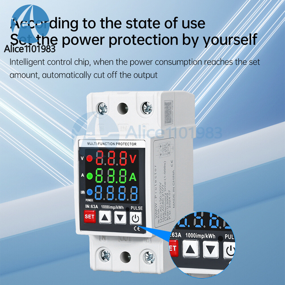 Voltage Current Power Meter 35mm Rail Overcurrent Undervoltage Protector 63A