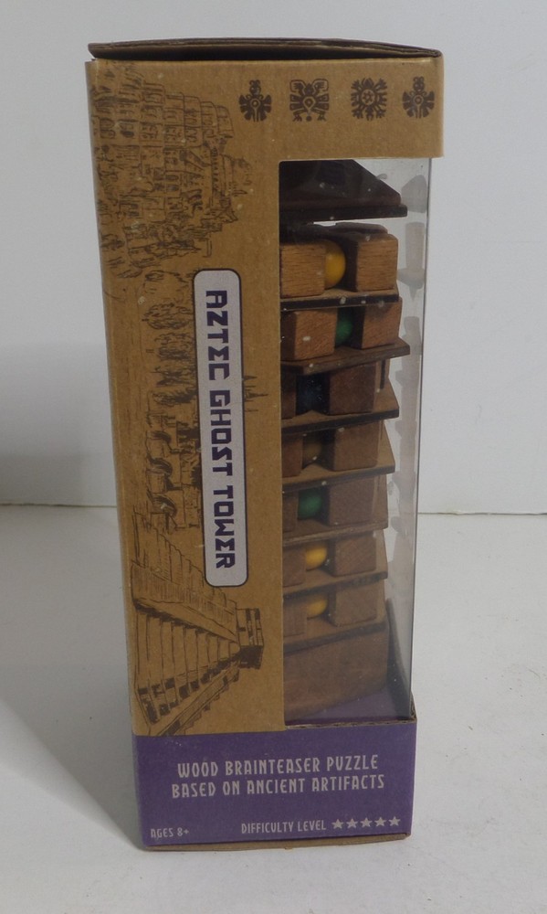 Aztec ghost tower game wood puzzle with marbles