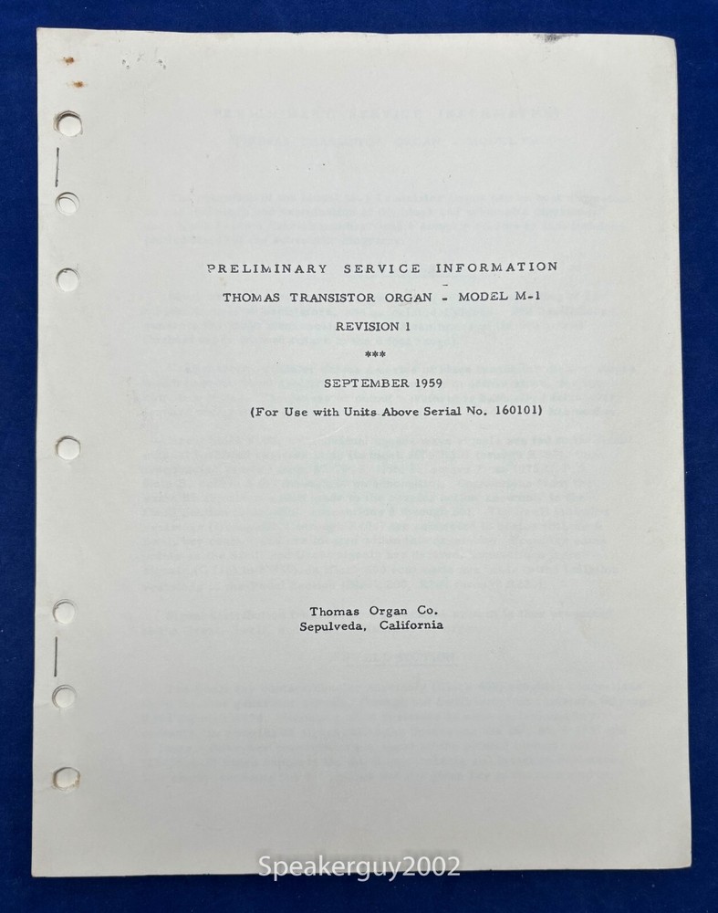 Original Thomas Organ M-1 Preliminary Service Information - Manual