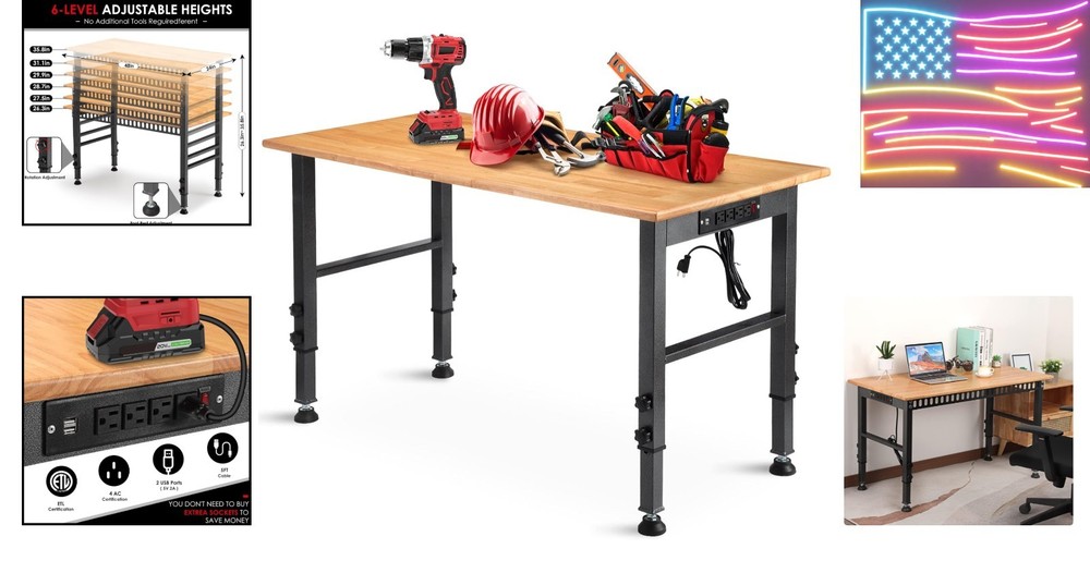 48" Adjustable Workbench with Power Outlet - 2000 lbs Capacity, Perfect for P...